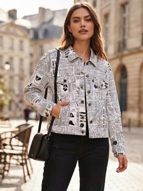 CHARLIE B White & Black Newspaper Print Cropped Jean Jacket